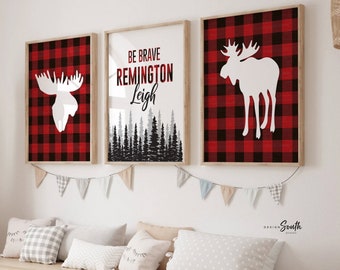 Buffalo Plaid Moose Nursery Decor: Personalized Lumberjack Boy