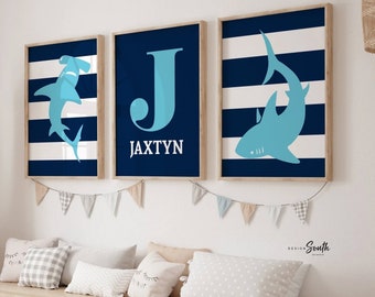 Shark Nursery Art Prints: Navy Blue Monogram, Boys Room Decor