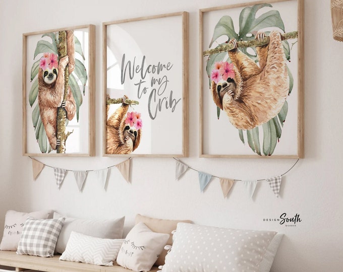 Girl sloth wall art set, sloth themed baby girl nursery, sloth nursery ideas for girl, pink sloth tropical room decor, welcome to my crib