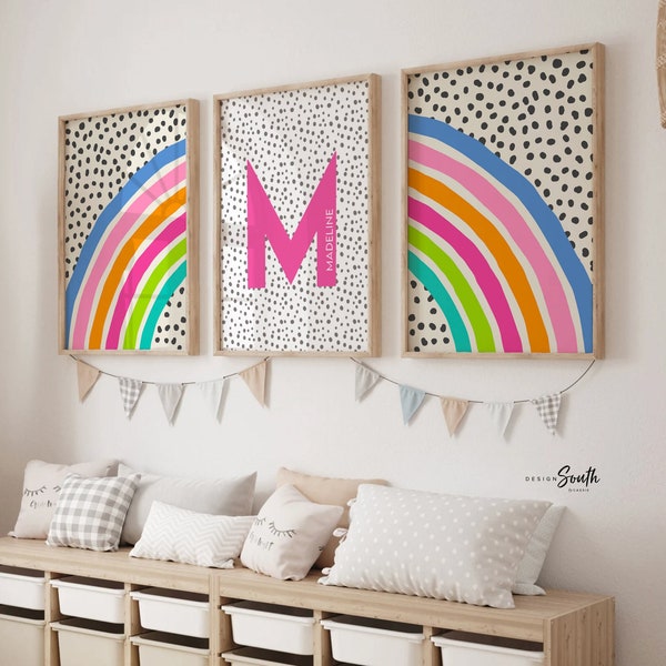 Bright rainbow decor for girl, bedroom decor rainbow theme, blue pink orange teal wall art for girl, bright playroom decor personalized name
