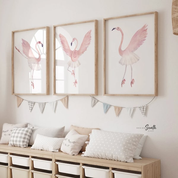 Ensemble de 3 estampes pour chambre d'enfant flamant rose, décoration de chambre d'enfant blush, chambre d'enfant danse ballerine, décoration de chambre d'enfant flamant rose, art de danseuse rose blush, ballet rose