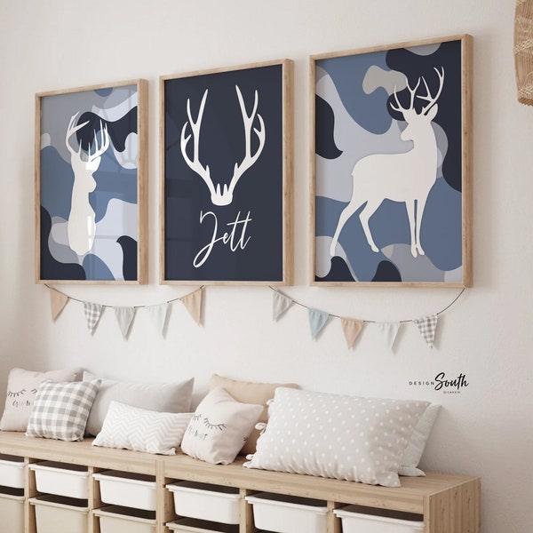 Boys personalized deer hunting art, navy blue deer nursery, navy deer nursery decor, camouflage baby boy decor name print, camo boys bedroom