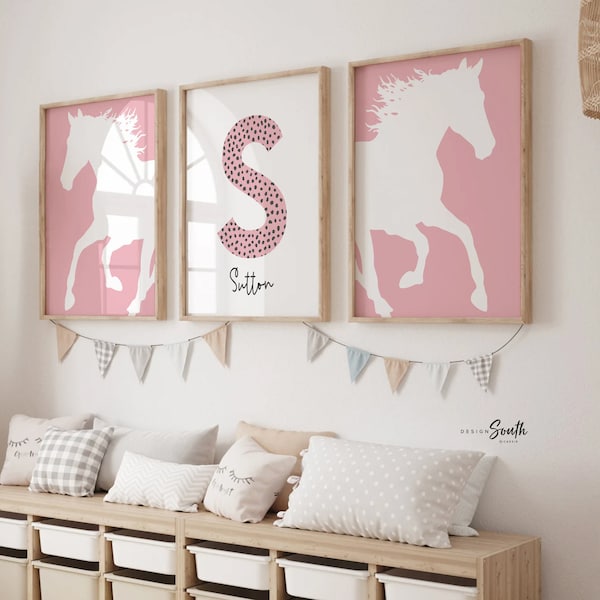 Horse girl nursery, horse girl room art, farm nursery decor, girl horse nursery theme, horse gift for girl, farm pony race girly room art