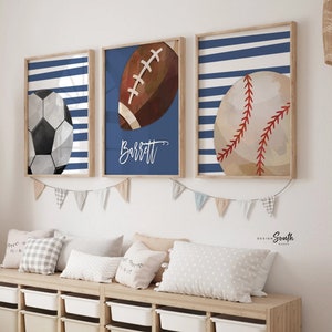 Jongenskamer sportkunst, muurkunst print set van 3 sportthema voor jongensslaapkamer, sportmonogram naam eerste decor, sportcadeau voor jongenskamer
