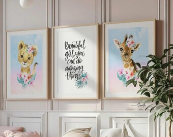 Décoration de chambre de bébé bleu sarcelle et rose : imprimés floraux d'animaux, citation de bébé fille