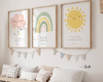 キリスト教の子供部屋用ウォールアート：聖書の一節プリント（3枚セット）