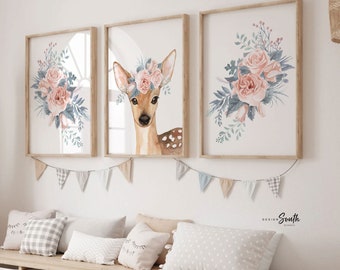 Fawn Deer Nursery Art Prints: Blush Pink Floral Crown (Unframed)