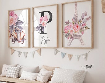 Paris Nursery Art Prints: Eiffel Tower, Floral Decor, Custom Name