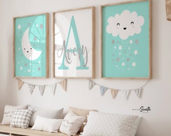 Teal Nursery Art Prints: Moon, Stars, Monogram (Unframed)