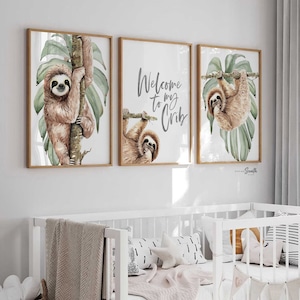 Sloth wall art set, sloth themed baby nursery, sloth nursery ideas, sloth tropical rainforest room decor, neutral sloth green gray newborn