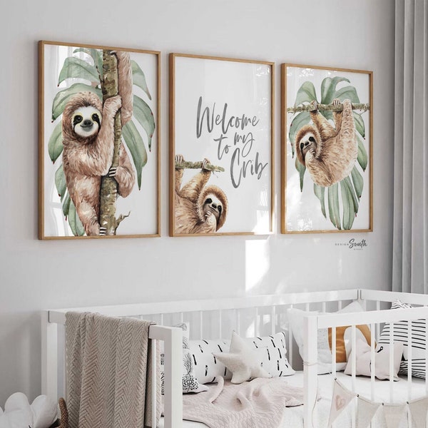 Luiaard kunst aan de muur set, luiaard thema babykwekerij, luiaard kinderkamer ideeën, luiaard tropisch regenwoud kamer decor, neutrale luiaard groen grijs pasgeboren