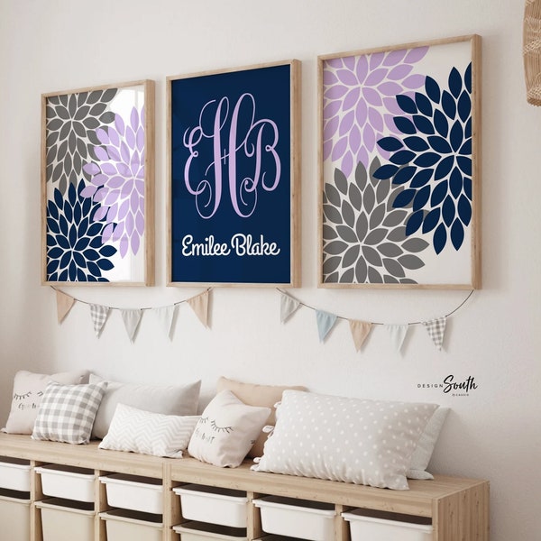 Purple navy and gray nursery wall art, personalized baby girl gift, flower nursery decor, girl monogram decor, purple bedroom, girls bedroom