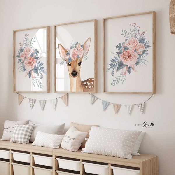 Fawn Deer Nursery Art Prints: Blush Pink Floral Crown (Unframed)