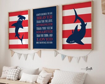 Red Shark Nursery Prints: Boys Room Decor, Motivational Quote (Unframed)