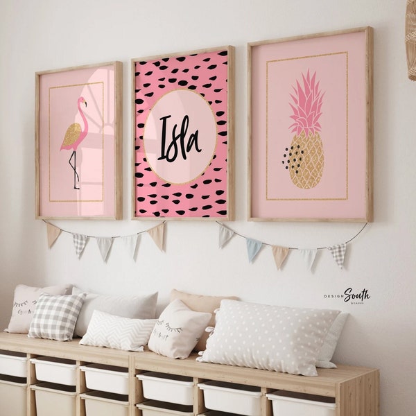 Nursery prints flamingo decor, pink and gold girls wall decor, flamingo tropical art set, pink gold pineapple nursery, personalized nursery