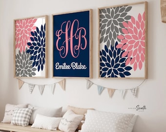 Pink Dahlia Nursery Art: Navy Monogram, Girls Bedroom Decor