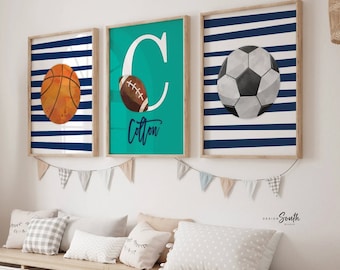 Sports wall prints for kid room, sports balls wall pictures, sports art personalized gift, basketball soccer football wall art boy nursery