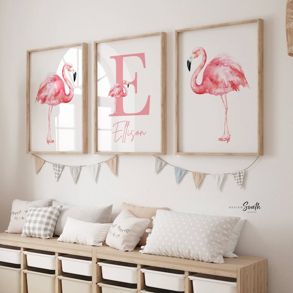 Pink flamingo nursery art, pink nursery decor baby name and flamingo, girls name customized with pink flamingos, tropical nursery themed art