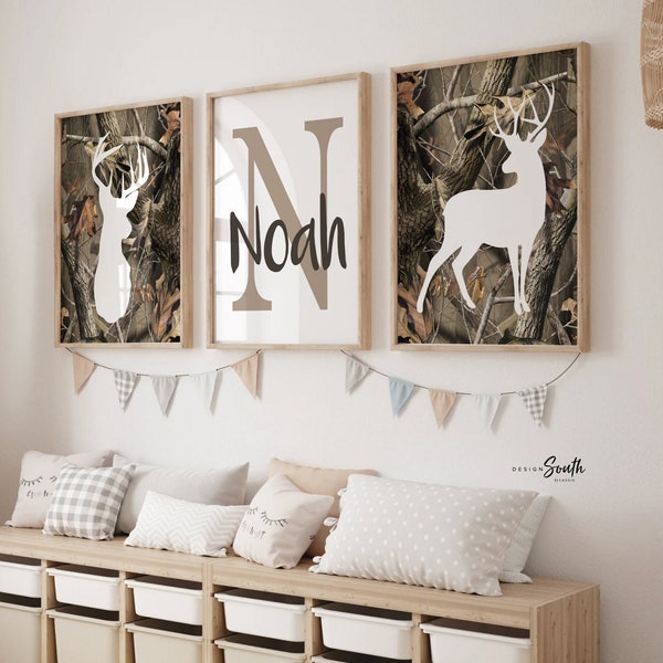 Camo nursery, personalized name art, hunting nursery decor, boys bedroom camo, baby boy deer hunter theme wall art, camoflauge baby boy art