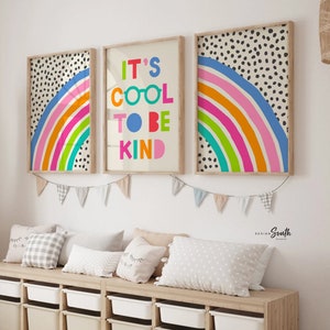 It's cool to be kind, kids wall art quote saying cool to be kind, colorful bright playroom art, bright playroom decor kindness affirmation