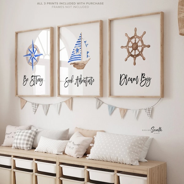 Baby nautical nursery decor, baby nautical gift, blue boy nautical room decor, compass sailboat wooden ship wheel baby room art, sailing art