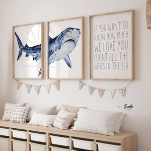 Shark nursery, if you want to know how much we love you count the waves in the sea, shark boy bedroom theme, art prints shark and quote boy