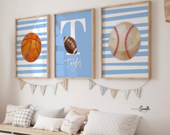 Sports wall art blue, custom sports decor gift, basketball football baseball, personalized name sports theme, little boy room sports signs