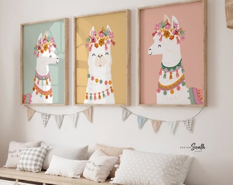 Stampe per la cameretta con lama in stile boho: decorazioni murali neutre per la cameretta del bambino.