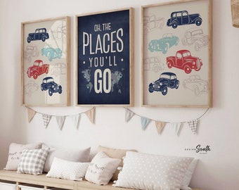 Láminas de arte para guardería de coches clásicos: tema de transporte rojo y azul