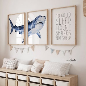 Shark nursery, to go to sleep I count sharks not sheep, shark boy bedroom theme, art prints shark and quote boy, baby boy shark nursery wall