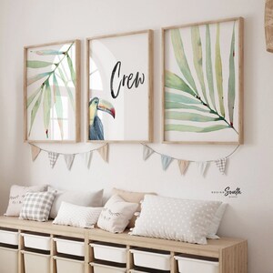 Tropical Nursery Print Set: Toucan, Palm Leaf, Custom Boy Name