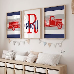 Red gray and navy blue firetruck nursery decor, firefighter nursery art, firetruck kid art, firetruck theme, children firetruck wall art