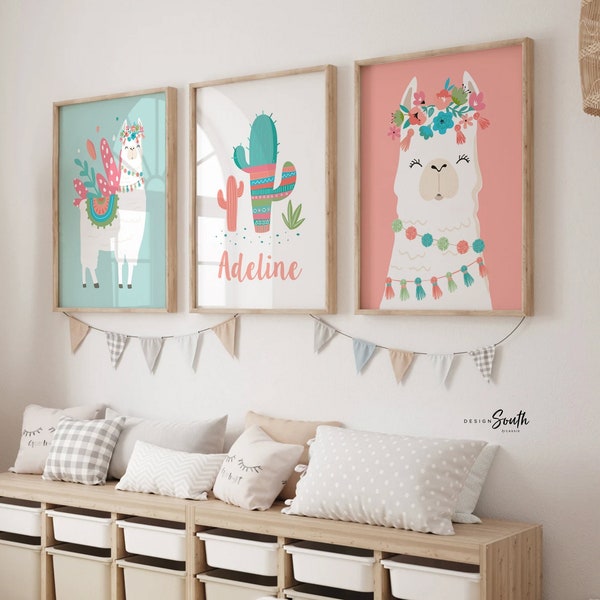 Llama themed girls bedroom, boho chic nursery art prints, llama alpaca accessories decorations, custom kids llama cactus gift personalized