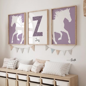 Purple horse girl nursery, horse girl room art, farm nursery decor, girl horse nursery theme, horse gift for girl, farm pony race girly art image 1