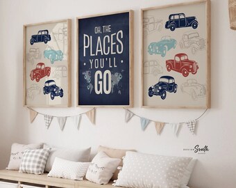 Láminas de arte para guardería de coches clásicos: tema de transporte rojo y azul