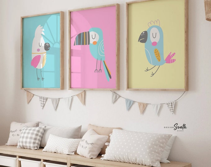 Pastel bird prints for nursery bedroom playroom, pastel tropical art, pastel kid art, baby tropical themed room, yellow blue pink pastel art