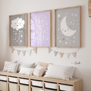 Baby girl nursery lilac and gray, moon and stars nursery decor, i love you to the moon, cloud nursery girl, cloud wall art, moon star cloud