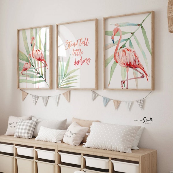 Stand tall little darling, tropical palm flamingo nursery, above crib tropical theme, flamingo art, newborn flamingo nursery pink and green