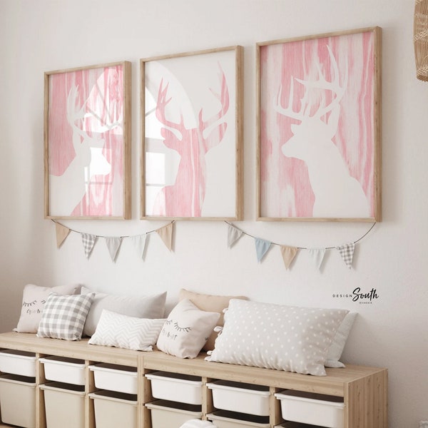 Pink Deer Antler Nursery Prints: Girls Woodland Decor
