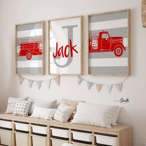 Red firetruck nursery decor, firefighter nursery art, firetruck kid art, firetruck theme, children firetruck wall art prints, personalized