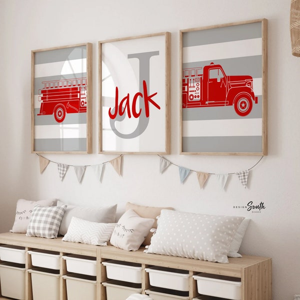 Red firetruck nursery decor, firefighter nursery art, firetruck kid art, firetruck theme, children firetruck wall art prints, personalized
