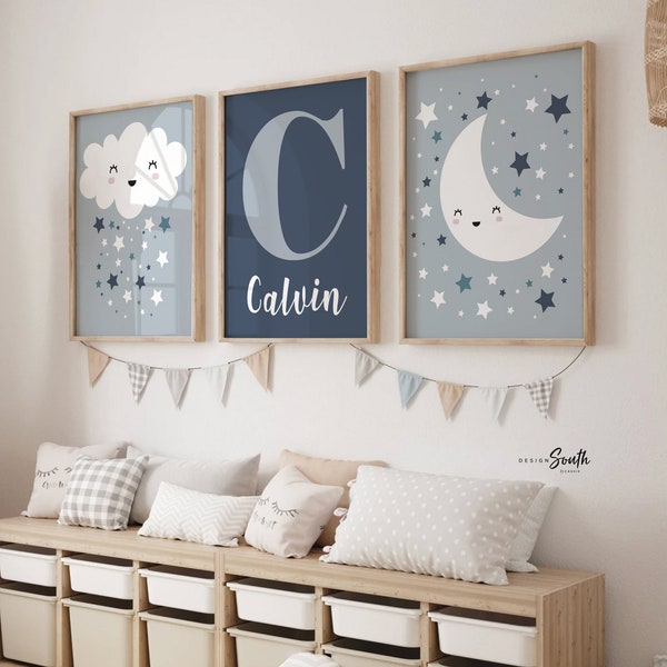 Baby boy nursery wall art, personalized boys name, baby blue and gray, moon & stars, nursery art for boy, idea for nursery, neutral boys art