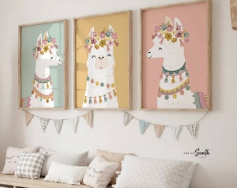 Stampe neutre con lama per la cameretta: decorazioni murali in stile boho per la stanza del bambino.