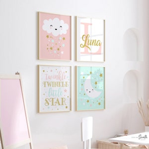 Peach Mint Nursery Print Set: Blush Pink, Gold Stars, Monogram (Unframed)