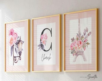 Paris Nursery Decor: Eiffel Tower, Roses, Custom Name Art Prints