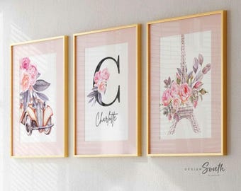 Paris Nursery Art Prints: Eiffel Tower, Floral Decor, Custom Name