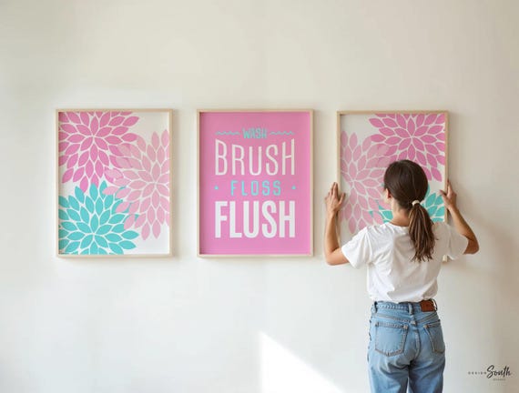 Pink & Teal Bathroom Art Prints: Floral Wash Brush Flush (Unframed)