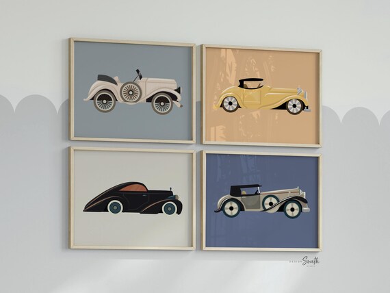 Classic retro luxury old car nursery, car art prints, vintage car art, classic car collection, old automobile nursery art, car lover nursery