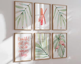 Tropical Flamingo Nursery Decor: Watercolor Prints, Monogram Initial (Unframed)