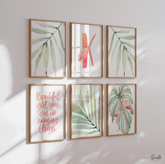 Girls nursery decor, tropical leaf flamingo decor, girls nursery tropical theme, girls bedroom theme, pink tropics nursery flamingo baby art